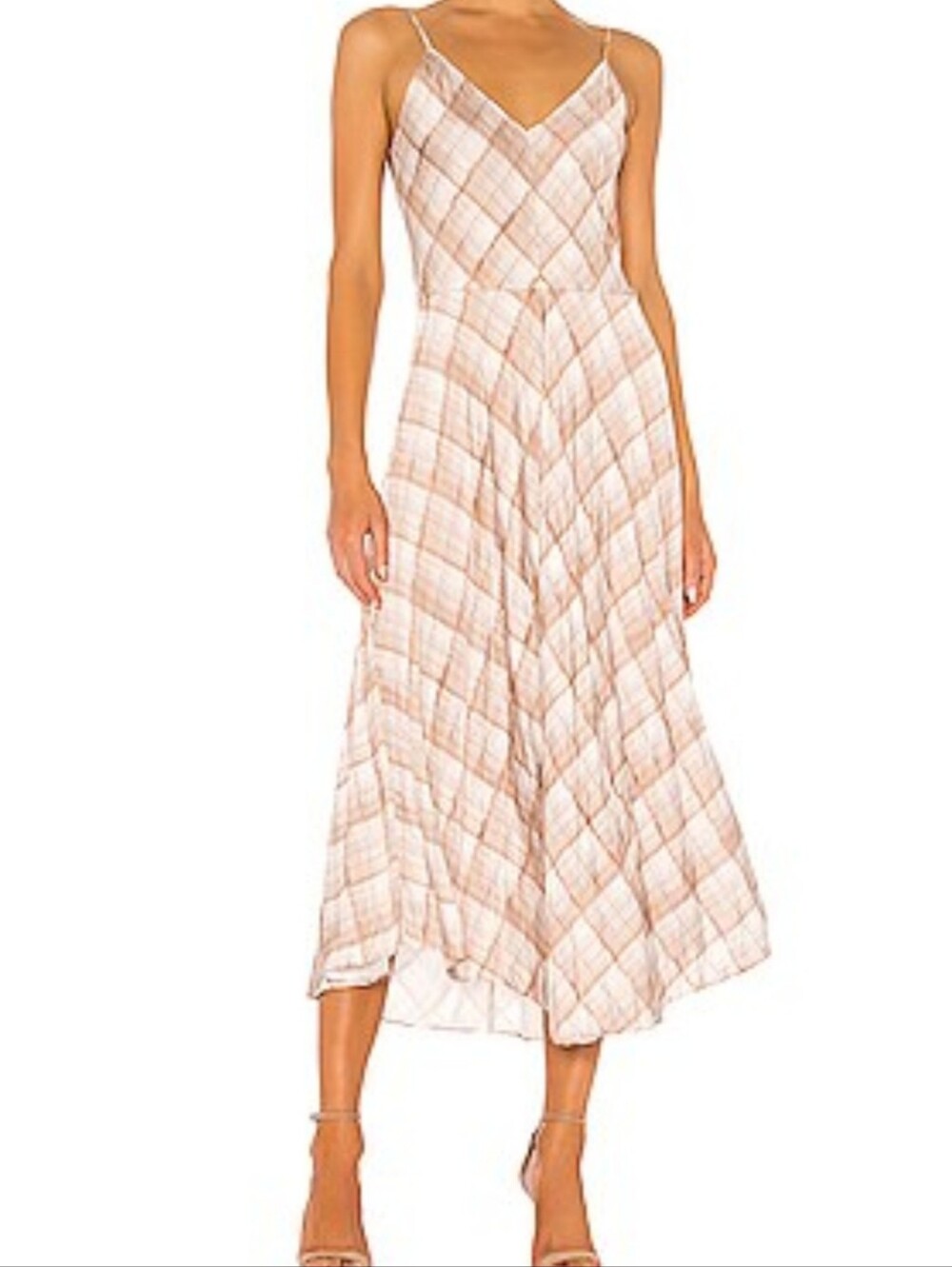 XS Vince Hazy Plaid Cami Midi Slip Dress Sun Taupe Tan Cream Beige Lightweight - Picture 5 of 5